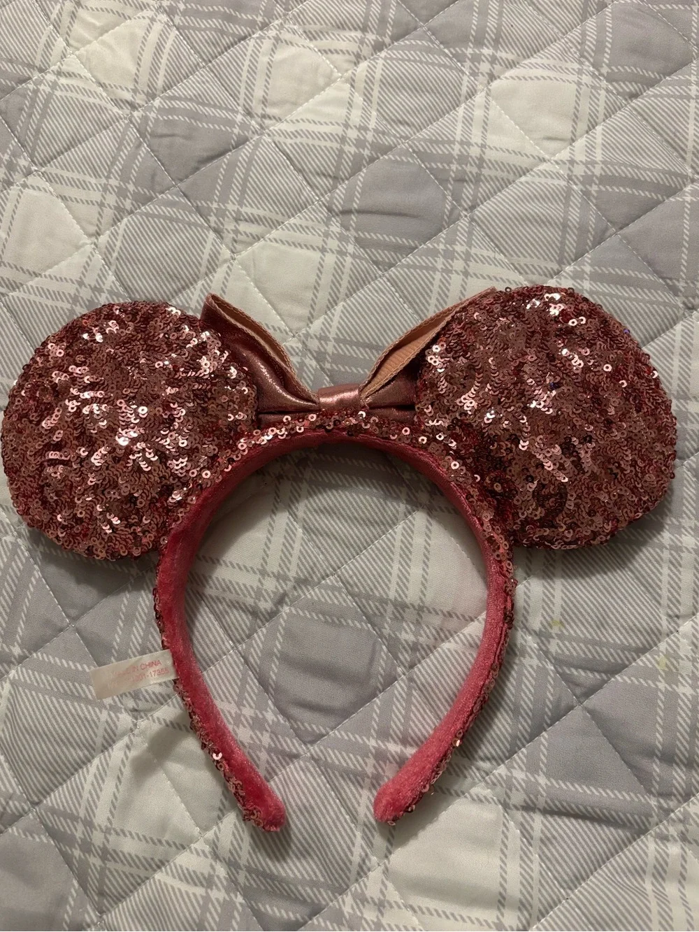 Disney Headband Sequins Minnie Mouse Pink Ears Metallic Pink Ribbon Tokyo Resort
